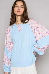POL Round Neck Balloon Floral Long Sleeve Top Sky Blue Multi OutfitFlow